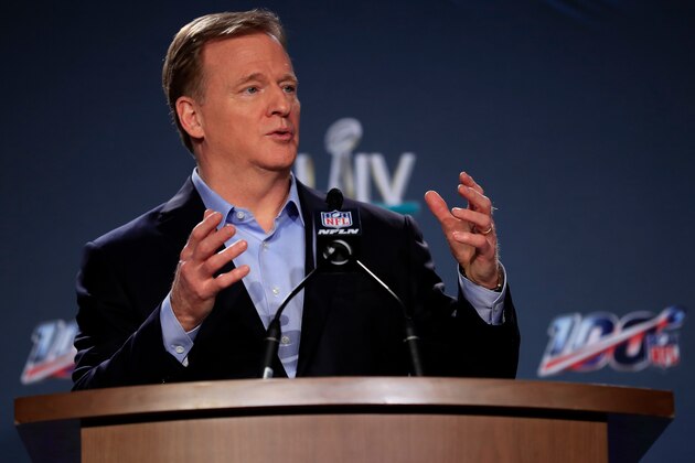 MIAMI, FLORIDA - JANUARY 29: NFL Commissioner Roger Goodell speaks to the media during a press conference prior to Super Bowl LIV at the Hilton Miami Downtown on January 29, 2020 in Miami, Florida. The San Francisco 49ers will face the Kansas City Chiefs in the 54th playing of the Super Bowl, Sunday February 2nd. (Photo by Cliff Hawkins/Getty Images)