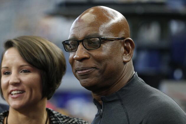 Former NFL running back Eric Dickerson is pictured before an NFL football game between the Los Angeles Rams and the Dallas Cowboys in Arlington, Texas, Sunday, Dec. 15, 2019. (AP Photo/Michael Ainsworth)