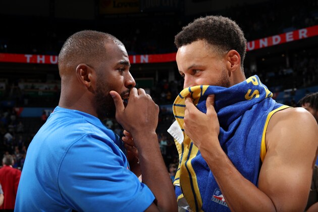 OKLAHOMA CITY, OK - OCTOBER 27: Chris Paul #3 of the Oklahoma City Thunder talks with Stephen Curry #30 of the Golden State Warriors after the game on October 27, 2019 at Chesapeake Energy Arena in Oklahoma City, Oklahoma. NOTE TO USER: User expressly acknowledges and agrees that, by downloading and or using this photograph, User is consenting to the terms and conditions of the Getty Images License Agreement. Mandatory Copyright Notice: Copyright 2019 NBAE (Photo by Zach Beeker/NBAE via Getty Images)