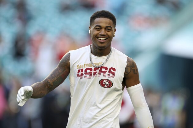 San Francisco 49ers wide receiver Kendrick Bourne (84) warms up wearing Nike Vapor Edge cleats before the NFL Super Bowl 54 football game between the San Francisco 49ers and Kansas City Chiefs Sunday, Feb. 2, 2020, in Miami Gardens, Fla. (AP Photo/Gregory Payan)