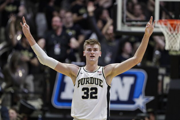 Purdue center Matt Haarms (32) celebrates during the second half of an NCAA college basketball game against Iowa in West Lafayette, Ind., Wednesday, Feb. 5, 2020. Purdue defeated Iowa 104-68. (AP Photo/Michael Conroy)