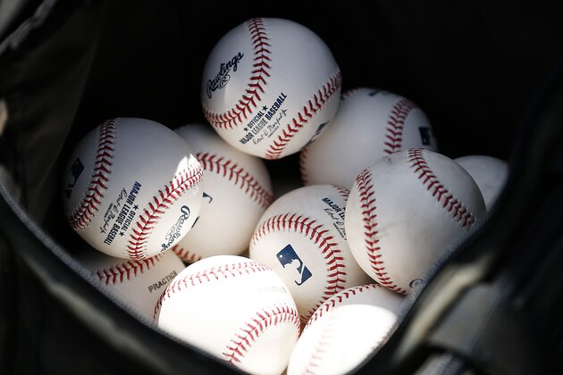 VARIOUS CITIES,  - MARCH 12:  A detail of baseballs during a Grapefruit League spring training game between the Washington Nationals and the New York Yankees at FITTEAM Ballpark of The Palm Beaches on March 12, 2020 in West Palm Beach, Florida. Many professional and college sports are canceling or postponing their games due to the ongoing threat of the Coronavirus (COVID-19) outbreak. (Photo by Michael Reaves/Getty Images)