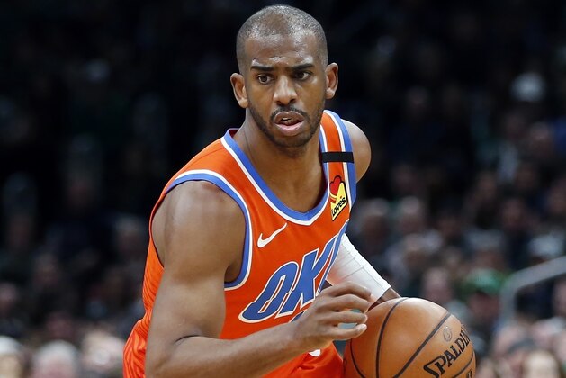Oklahoma City Thunder's Chris Paul plays against the Boston Celtics during the second half of an NBA basketball game, Sunday, March, 8, 2020, in Boston. (AP Photo/Michael Dwyer)