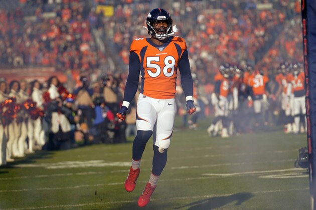 Denver Broncos outside linebacker Von Miller reacts as he takes the field before an NFL football game against the Oakland Raiders, Sunday, Dec. 29, 2019, in Denver. (AP Photo/Jack Dempsey)