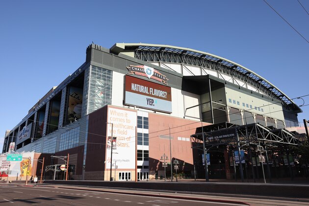 PHOENIX, ARIZONA  - MARCH 26: General view outside of Chase Field on March 26, 2020 in Phoenix, Arizona. The Arizona Diamondbacks and the Atlanta Braves were scheduled to play a Major League Baseball opening day game tonight, which was postponed due to the coronavirus (COVID-19) global pandemic. (Photo by Christian Petersen/Getty Images)