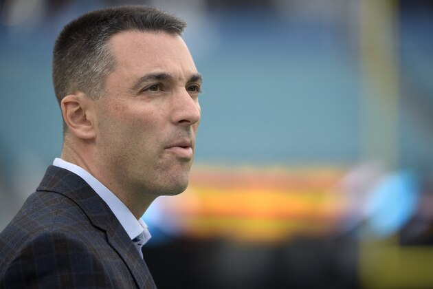 Los Angeles Chargers general manager Tom Telesco watches warmups on the field before an NFL football game against the Jacksonville Jaguars Sunday, Dec. 8, 2019, in Jacksonville, Fla. (AP Photo/Phelan M. Ebenhack)