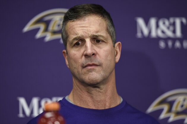 Baltimore Ravens head coach John Harbaugh pauses while speaking during a media availability after of an NFL divisional playoff football game against the Tennessee Titans, Saturday, Jan. 11, 2020, in Baltimore. The Titans won 28-12. (AP Photo/Gail Burton)