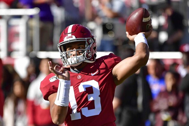 Alabama quarterback Tua Tagovailoa (13) warms up before an NCAA football game against LSU, Saturday, Nov. 9, 2019, in Tuscaloosa , Ala. (AP Photo/Vasha Hunt)) Alabama quarterback Tua Tagovailoa (13) warms up before an NCAA football game against LSU, Saturday, Nov. 9, 2019, in Tuscaloosa , Ala. (AP Photo/Vasha Hunt))