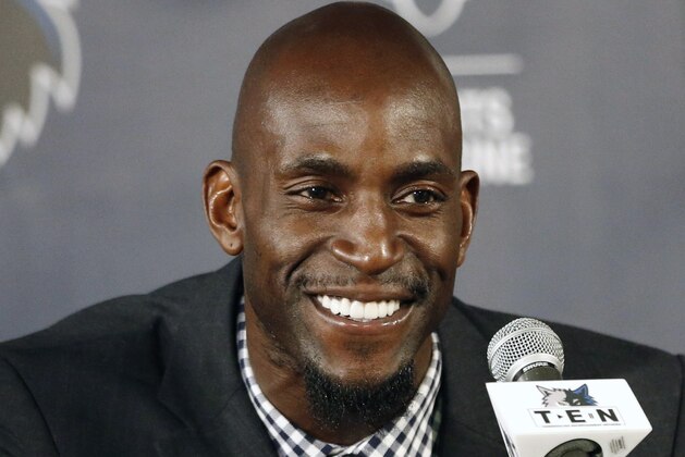 FILE- In this Feb. 24, 2015, file photo, Minnesota Timberwolves star Kevin Garnett speaks during an NBA basketball news conference in Minneapolis. The 15-time All-Star has a multiyear agreement with Turner Sports to join the network's wildly popular NBA coverage team. Turner says Garnett will serve as a contributor to the coverage, appearing weekly throughout the season from a stand-alone set to provide insight and commentary on the league.  Garnett retired this month after 21 seasons in the league. (AP Photo/Jim Mone, File)