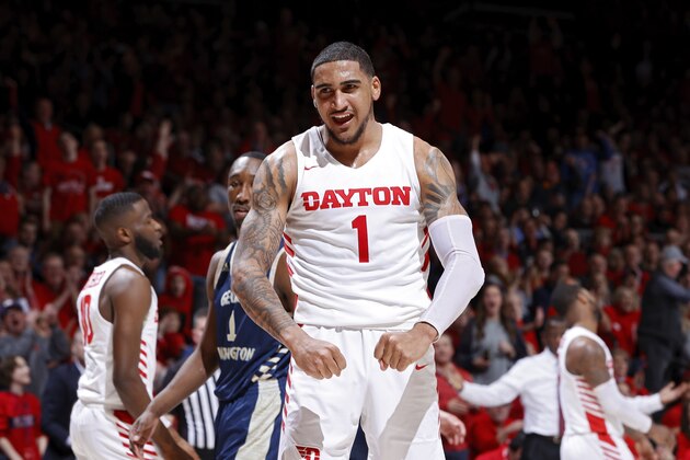 DAYTON, OH - MARCH 07: Obi Toppin #1 of the Dayton Flyers reacts after a dunk in the second half of a game against the George Washington Colonials at UD Arena on March 7, 2020 in Dayton, Ohio. Dayton defeated George Washington 76-51. (Photo by Joe Robbins/Getty Images)