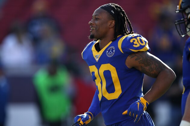 LOS ANGELES, CALIFORNIA - DECEMBER 29:  Todd Gurley #30 of the Los Angeles Rams looks on prior to a game against the Arizona Cardinals at Los Angeles Memorial Coliseum on December 29, 2019 in Los Angeles, California. (Photo by Sean M. Haffey/Getty Images)