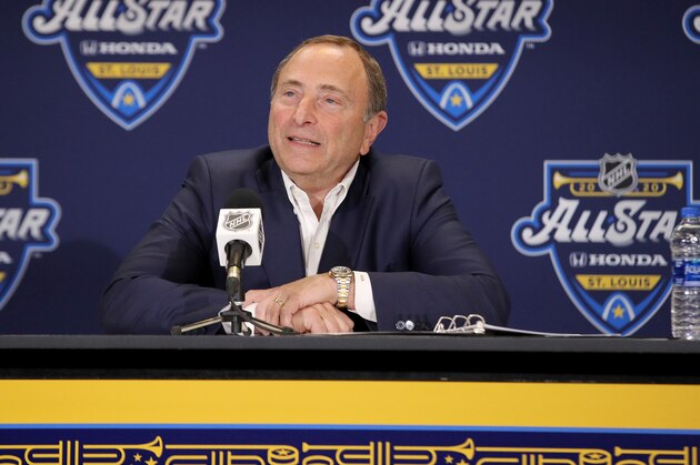 ST LOUIS, MISSOURI - JANUARY 24: Commissioner Gary Bettman speaks to the media prior to the 2020 NHL All-Star Skills Competition at Enterprise Center on January 24, 2020 in St Louis, Missouri. (Photo by Bruce Bennett/Getty Images)
