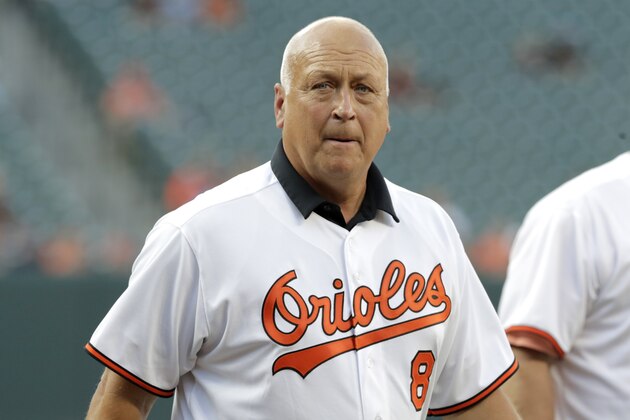 Former Baltimore Orioles infielder Cal Ripken, Jr. attends an on-field ceremony honoring the 1989 team prior to a baseball game against the Houston Astros, Friday, Aug. 9, 2019, in Baltimore. (AP Photo/Julio Cortez)
