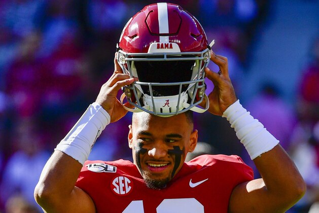Alabama quarterback Tua Tagovailoa (13) warms up before an NCAA football game against LSU Saturday, Nov. 9, 2019, in Tuscaloosa, Ala. (AP Photo/Vasha Hunt)