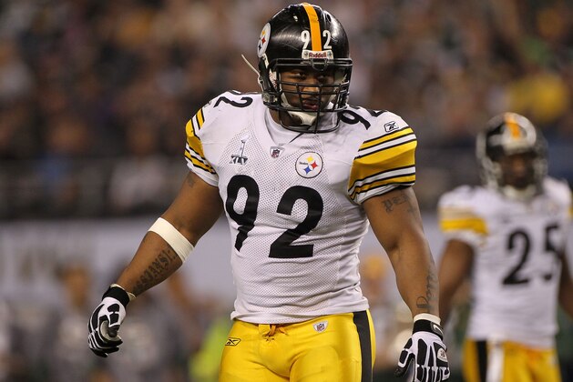 ARLINGTON, TX - FEBRUARY 06:  James Harrison #92 of the Pittsburgh Steelers looks on as the Steelers take on the Green Bay Packers during Super Bowl XLV at Cowboys Stadium on February 6, 2011 in Arlington, Texas.  (Photo by Doug Pensinger/Getty Images)