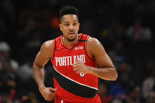Portland Trail Blazers guard CJ McCollum is shown during an NBA basketball game against the Atlanta Hawks, Saturday, Feb. 29, 2020, in Atlanta. The Hawks won 129-117. (AP Photo/John Amis)