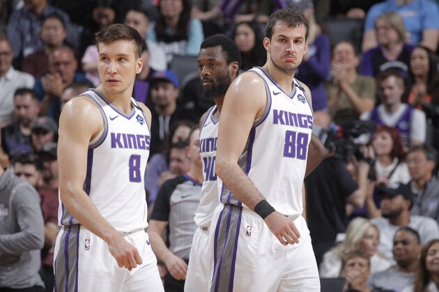SACRAMENTO, CA - MARCH 3: Bogdan Bogdanovic #8 and Nemanja Bjelica #88 of the Sacramento Kings face the Washington Wizards on March 3, 2020 at Golden 1 Center in Sacramento, California. NOTE TO USER: User expressly acknowledges and agrees that, by downloading and or using this photograph, User is consenting to the terms and conditions of the Getty Images Agreement. Mandatory Copyright Notice: Copyright 2020 NBAE (Photo by Rocky Widner/NBAE via Getty Images)