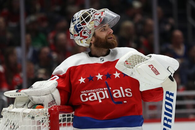 WASHINGTON, DC - FEBRUARY 23: Braden Holtby #70 of the Washington Capitals looks on against the Pittsburgh Penguins during the first period at Capital One Arena on February 23, 2020 in Washington, DC. (Photo by Patrick Smith/Getty Images)