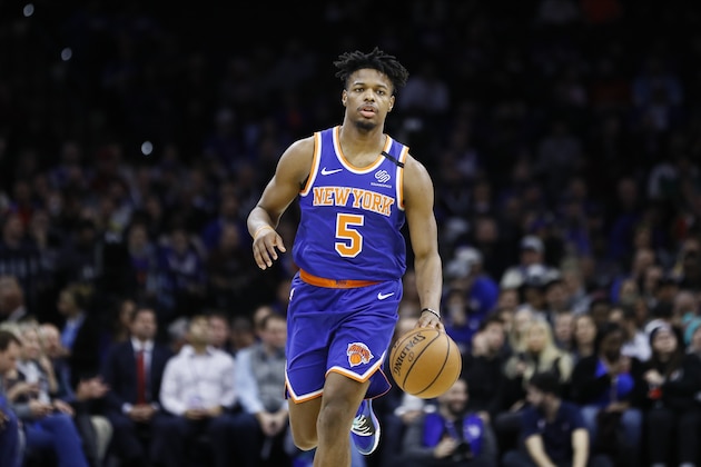New York Knicks' Dennis Smith Jr. plays during an NBA basketball game against the Philadelphia 76ers, Thursday, Feb. 27, 2020, in Philadelphia. (AP Photo/Matt Slocum)