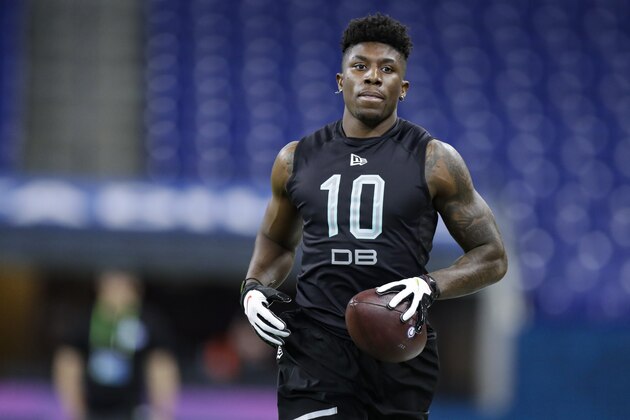 TCU defensive back Jeff Gladney runs a drill at the NFL football scouting combine in Indianapolis, Sunday, March 1, 2020. (AP Photo/Michael Conroy)
