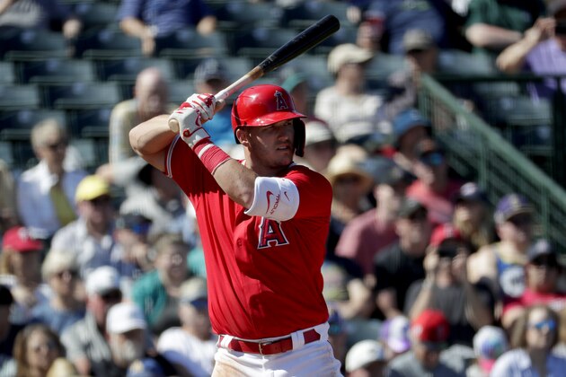 Los Angeles Angels' Mike Trout against the Seattle Mariners during the third inning of a spring training baseball game Wednesday, March 4, 2020, in Tempe, Ariz. (AP Photo/Matt York)