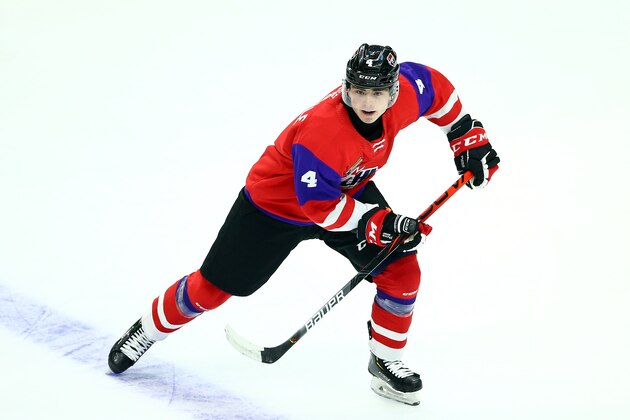 HAMILTON, ON - JANUARY 16:  Jamie Drysdale #4 of Team Red skates during the 2020 CHL/NHL Top Prospects Game against Team White at FirstOntario Centre on January 16, 2020 in Hamilton, Canada.  (Photo by Vaughn Ridley/Getty Images)