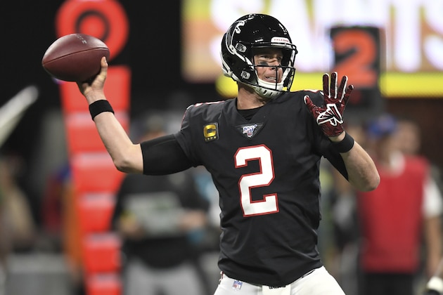 Atlanta Falcons quarterback Matt Ryan (2) works against the New Orleans Saints during the first half of an NFL football game, Thursday, Nov. 28, 2019, in Atlanta. (AP Photo/Danny Karnik)