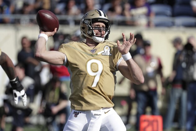 NFC quarterback Drew Brees, of the New Orleans Saints, (9) looks to pass, during the first half of the NFL Pro Bowl football game, Sunday, Jan. 26, 2020, in Orlando, Fla. (AP Photo/John Raoux) NFC quarterback Drew Brees, of the New Orleans Saints, (9) looks to pass, during the first half of the NFL Pro Bowl football game, Sunday, Jan. 26, 2020, in Orlando, Fla. (AP Photo/John Raoux)