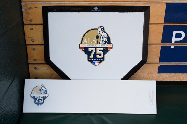 DETROIT, MI - JULY 04:  A detailed view of the special home plate and pitching rubber honoring the 75th anniversary of former New York Yankee Lou Gehrig's farewell speech to be used during the pre-game ceremony prior to the game between the Detroit Tigers and the Tampa Bay Rays at Comerica Park on July 4, 2014 in Detroit, Michigan. The Rays defeated the Tigers 6-3.  (Photo by Mark Cunningham/MLB Photos via Getty Images)