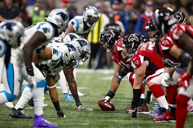 ATLANTA, GA - DECEMBER 08: The Atlanta Falcons offense lines up across the Carolina Panthers defense in the first half on an NFL game at Mercedes-Benz Stadium on December 8, 2019 in Atlanta, Georgia. (Photo by Todd Kirkland/Getty Images)