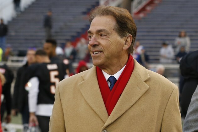 Alabama head coach Nick Saban watches as the South squad runs drills during practice for the Senior Bowl Wednesday, Jan. 22, 2020, in Mobile, Ala. (AP Photo/Butch Dill)