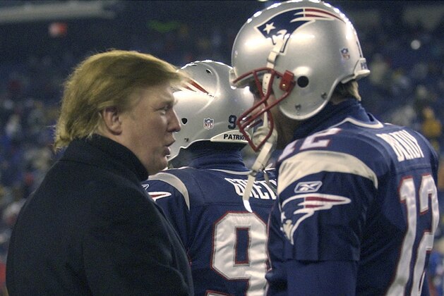 Donald Trump, left, stops to talk to New England Patriots quarterback Tom Brady prior to the start of the game at Gillette Stadium, Saturday, Jan. 10, 2004, in Foxborough, Mass., where the Patriots will play the Tennessee Titans in a AFC divisional playoff game. (AP Photo/Elise Amendola) Donald Trump, left, stops to talk to New England Patriots quarterback Tom Brady prior to the start of the game at Gillette Stadium, Saturday, Jan. 10, 2004, in Foxborough, Mass., where the Patriots will play the Tennessee Titans in a AFC divisional playoff game. (AP Photo/Elise Amendola)
