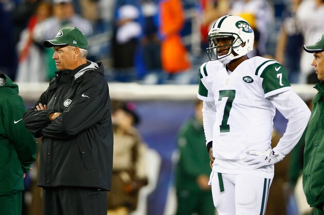 FOXBORO, MA - OCTOBER 16: Head coach Rex Ryan and Geno Smith #7 of the New York Jets look on before a game against the New England Patriots at Gillette Stadium on October 16, 2014 in Foxboro, Massachusetts. (Photo by Jared Wickerham/Getty Images) FOXBORO, MA - OCTOBER 16: Head coach Rex Ryan and Geno Smith #7 of the New York Jets look on before a game against the New England Patriots at Gillette Stadium on October 16, 2014 in Foxboro, Massachusetts. (Photo by Jared Wickerham/Getty Images)