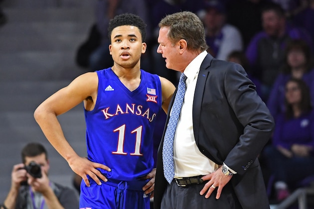 MANHATTAN, KS - FEBRUARY 05:  Head coach Bill Self of the Kansas Jayhawks instructs Devon Dotson #11 during the first half against the Kansas State Wildcats on February 5, 2019 at Bramlage Coliseum in Manhattan, Kansas.  (Photo by Peter G. Aiken/Getty Images)