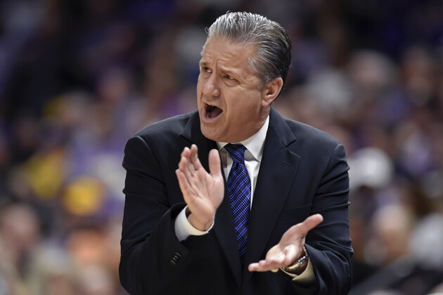 Kentucky head coach John Calipari shouts instructions to his players in the first half of an NCAA college basketball game, Tuesday, Feb. 18, 2020, in Baton Rouge, La. (AP Photo/Bill Feig) Kentucky head coach John Calipari shouts instructions to his players in the first half of an NCAA college basketball game, Tuesday, Feb. 18, 2020, in Baton Rouge, La. (AP Photo/Bill Feig)