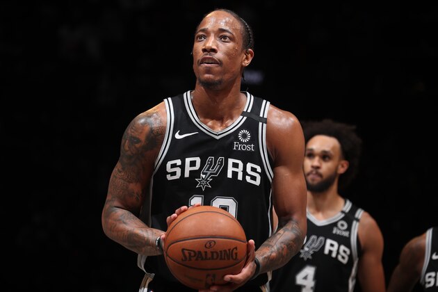 BROOKLYN, NY - MARCH 6: DeMar DeRozan #10 of the San Antonio Spurs shoots a free throw during the game against the Brooklyn Nets on March 6, 2020 at Barclays Center in Brooklyn, New York. NOTE TO USER: User expressly acknowledges and agrees that, by downloading and or using this Photograph, user is consenting to the terms and conditions of the Getty Images License Agreement. Mandatory Copyright Notice: Copyright 2020 NBAE (Photo by Nathaniel S. Butler/NBAE via Getty Images)