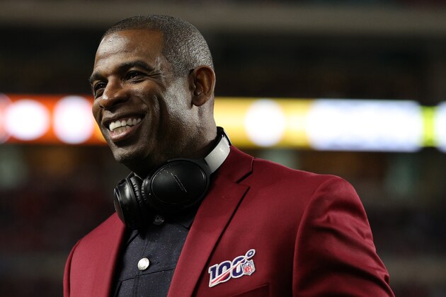 MIAMI, FLORIDA - FEBRUARY 02: Deion Sanders of the NLF 100 All-Time Team is honored on the field prior to Super Bowl LIV between the San Francisco 49ers and the Kansas City Chiefs at Hard Rock Stadium on February 02, 2020 in Miami, Florida. (Photo by Maddie Meyer/Getty Images)