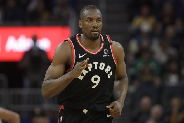 Toronto Raptors center Serge Ibaka (9) against the Golden State Warriors during an NBA basketball game in San Francisco, Thursday, March 5, 2020. (AP Photo/Jeff Chiu)