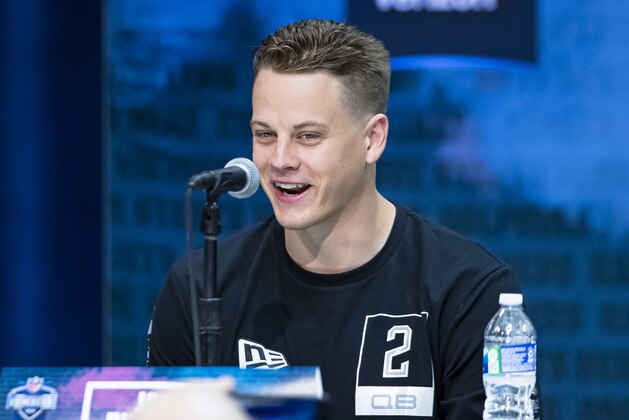 INDIANAPOLIS, IN - FEBRUARY 25: Joe Burrow #QB02 of the LSU Tigers speaks to the media at the Indiana Convention Center on February 25, 2020 in Indianapolis, Indiana. (Photo by Michael Hickey/Getty Images) *** Local Capture *** Joe Burrow