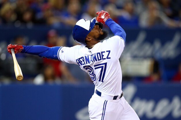 TORONTO, ON - SEPTEMBER 10:  Teoscar Hernandez #37 of the Toronto Blue Jays hits a foul ball in the sixth inning during a MLB game against the Boston Red Sox at Rogers Centre on September 10, 2019 in Toronto, Canada.  (Photo by Vaughn Ridley/Getty Images)