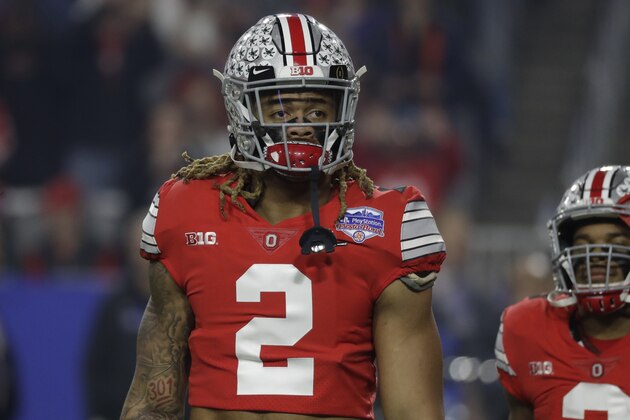 Ohio State defensive end Chase Young (2) during the first half of the Fiesta Bowl NCAA college football game against Clemson, Saturday, Dec. 28, 2019, in Glendale, Ariz. (AP Photo/Rick Scuteri).