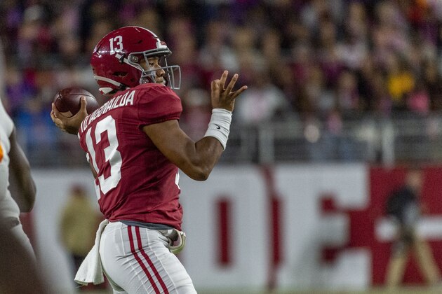 Alabama quarterback Tua Tagovailoa (13) throws during the first half of an NCAA college football game against Tennessee, Saturday, Oct. 19, 2019, in Tuscaloosa, Ala. (AP Photo/Vasha Hunt)