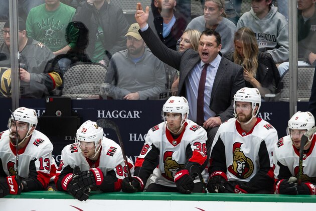 Ottawa Senators head coach D.J. Smith directs his team during the third period of an NHL hockey game against the Dallas Stars in Dallas, Monday, Oct. 21, 2019. (AP Photo/Sam Hodde)