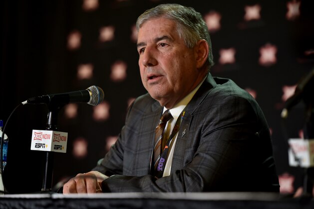KANSAS CITY, MISSOURI - MARCH 12: Bob Bowlsby, commissioner of the Big 12, talks to the media as he announces that the Big 12 basketball tournament has been cancelled due to growing concerns with the Coronavirus (COVID-19) outbreak at the Sprint Center on March 12, 2020 in Kansas City, Missouri. (Photo by Ed Zurga/Getty Images)