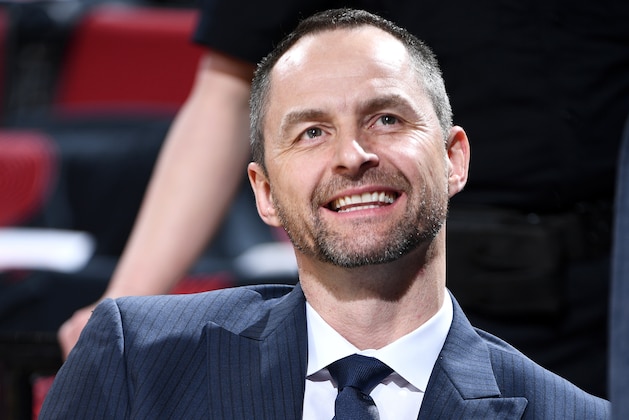PORTLAND, OR - MAY 3: General Manager Arturas Karnisovas of the Denver Nuggets looks on before Game Three of the Western Conference Semifinals against the Portland Trail Blazers during the 2019 NBA Playoffs on May 3, 2019 at the Moda Center Arena in Portland, Oregon. NOTE TO USER: User expressly acknowledges and agrees that, by downloading and/or using this photograph, user is consenting to the terms and conditions of the Getty Images License Agreement. Mandatory Copyright Notice: Copyright 2019 NBAE (Photo by Garrett Ellwood/NBAE via Getty Images)