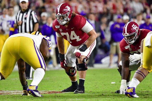 Alabama offensive lineman Jedrick Wills Jr. (74) lines up against LSU in an NCAA football game Saturday, Nov. 9, 2019, in Tuscaloosa, Ala. LSU won 46-41. (AP Photo/Vasha Hunt) Alabama offensive lineman Jedrick Wills Jr. (74) lines up against LSU in an NCAA football game Saturday, Nov. 9, 2019, in Tuscaloosa, Ala. LSU won 46-41. (AP Photo/Vasha Hunt)