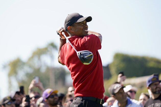 Tiger Woods tees off on the 18th hole during the final round of the Genesis Invitational golf tournament at Riviera Country Club, Sunday, Feb. 16, 2020, in the Pacific Palisades area of Los Angeles. (AP Photo/Ryan Kang)