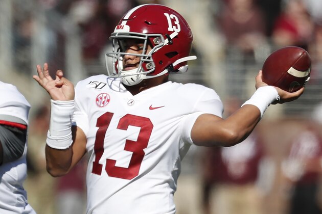 Alabama quarterback Tua Tagovailoa (13) throws a pass against Mississippi State during the first half of an NCAA college football game in Starkville, Miss., Saturday, Nov. 16, 2019. (AP Photo/Rogelio V. Solis)