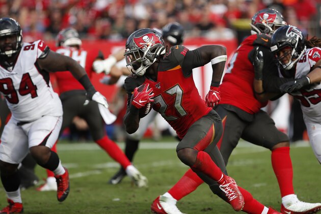 Tampa Bay Buccaneers running back Ronald Jones II (27) runs against the Atlanta Falcons during the second half of an NFL football game Sunday, Dec. 29, 2019, in Tampa, Fla. (AP Photo/Mark LoMoglio) Tampa Bay Buccaneers running back Ronald Jones II (27) runs against the Atlanta Falcons during the second half of an NFL football game Sunday, Dec. 29, 2019, in Tampa, Fla. (AP Photo/Mark LoMoglio)