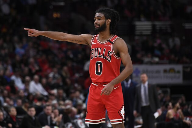 Chicago Bulls' Coby White (0) looks on during the second half of an NBA basketball game against the Dallas Mavericks Monday, March 2, 2020, in Chicago. Chicago won 109-107. (AP Photo/Paul Beaty) Chicago Bulls' Coby White (0) looks on during the second half of an NBA basketball game against the Dallas Mavericks Monday, March 2, 2020, in Chicago. Chicago won 109-107. (AP Photo/Paul Beaty)
